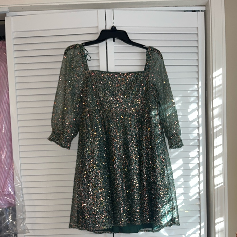 Altar'd State Sparkly Green Babydoll Dress